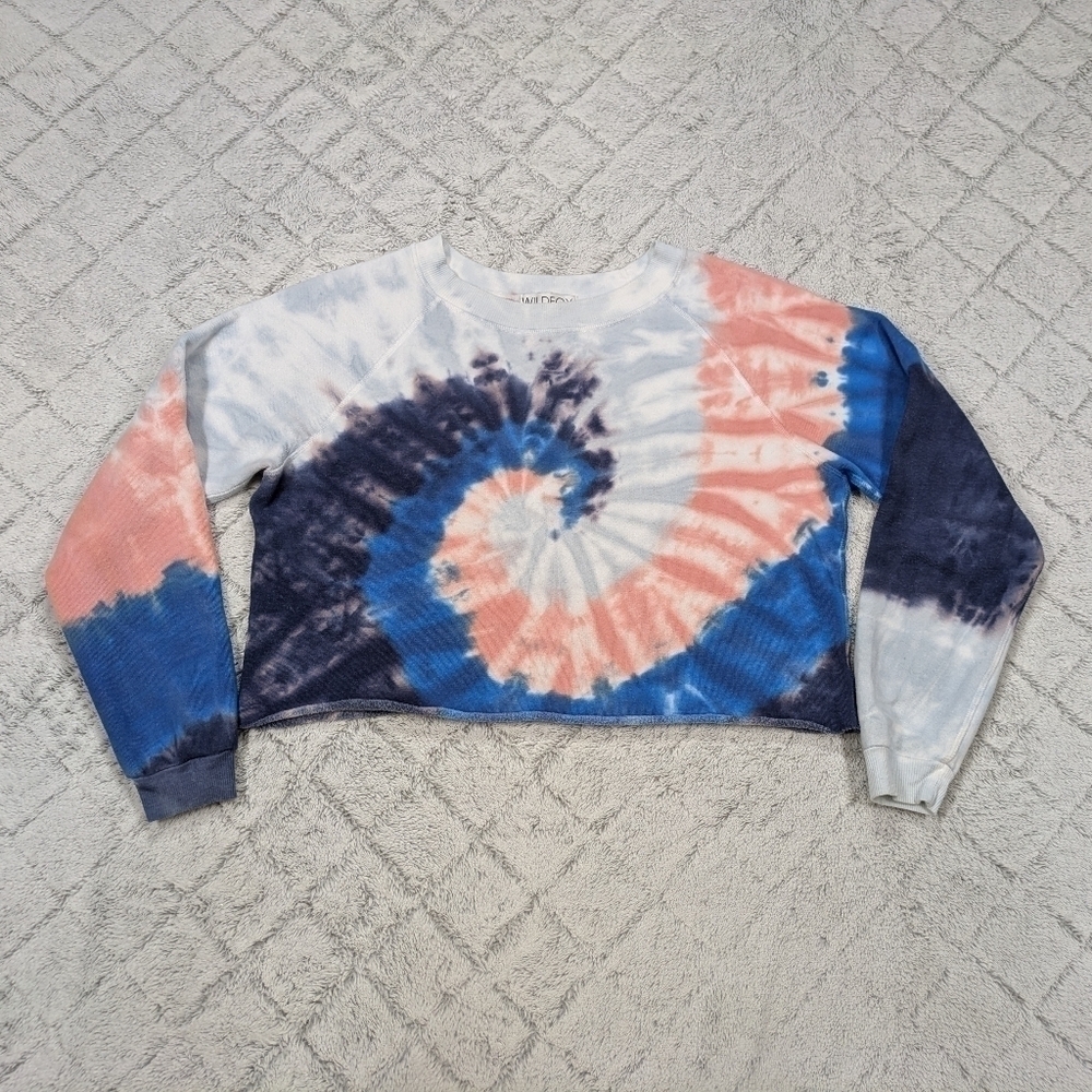 Wildfox Sweatshirt Women's S Blue Red Tie Dye Swirl Crew Neck Crop Cotton LA